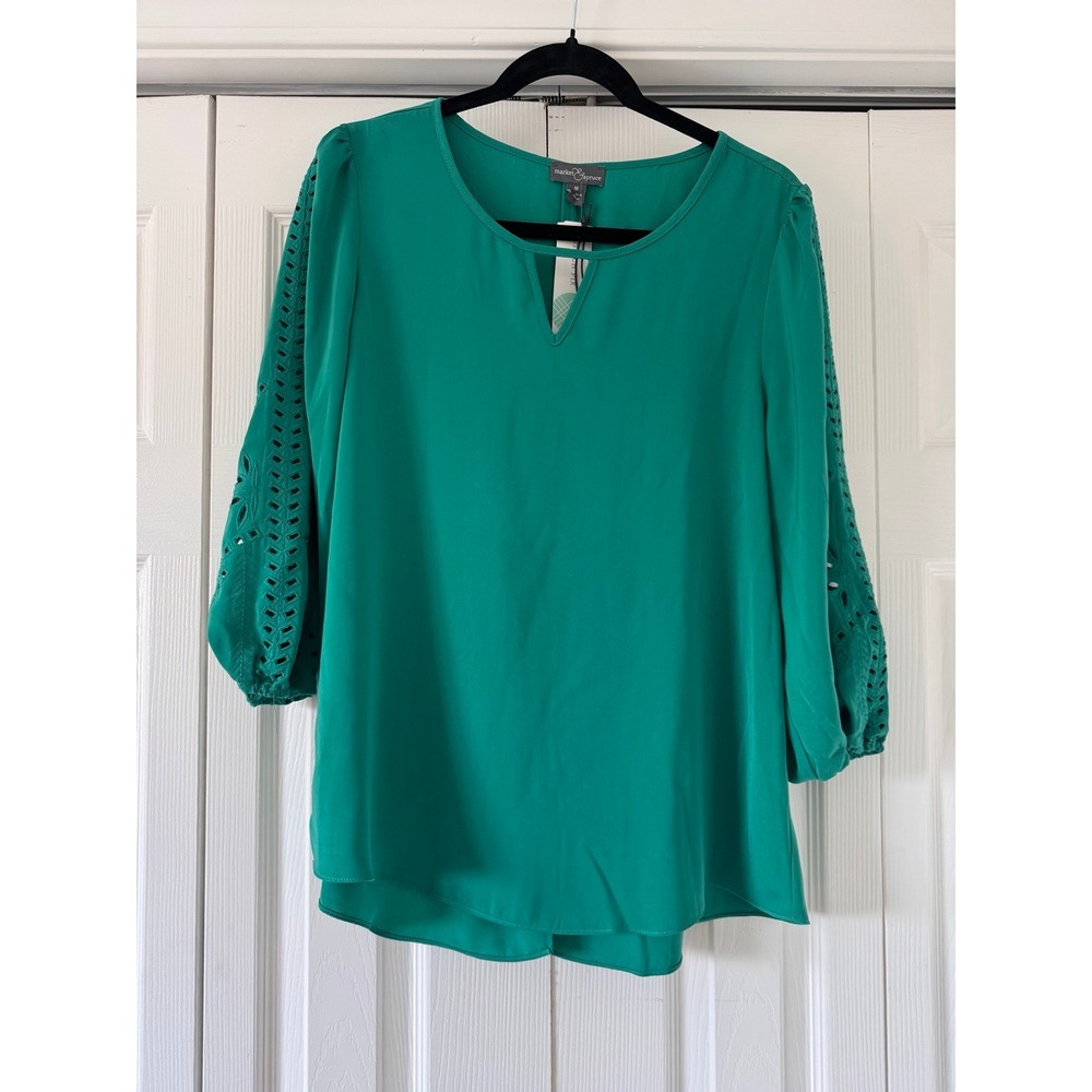 Market & Spruce Teal Green Embroidered Cut-out Sleeve Blouse NWT Size M